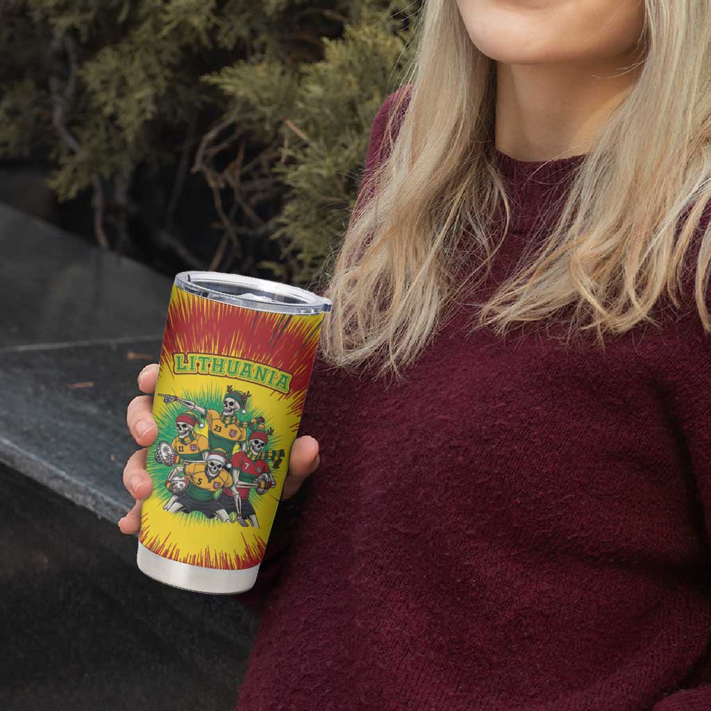 Personalized Lithuania Christmas Tumbler Cup Skeleton Rugby Tie Dye Vintage - Wonder Print Shop