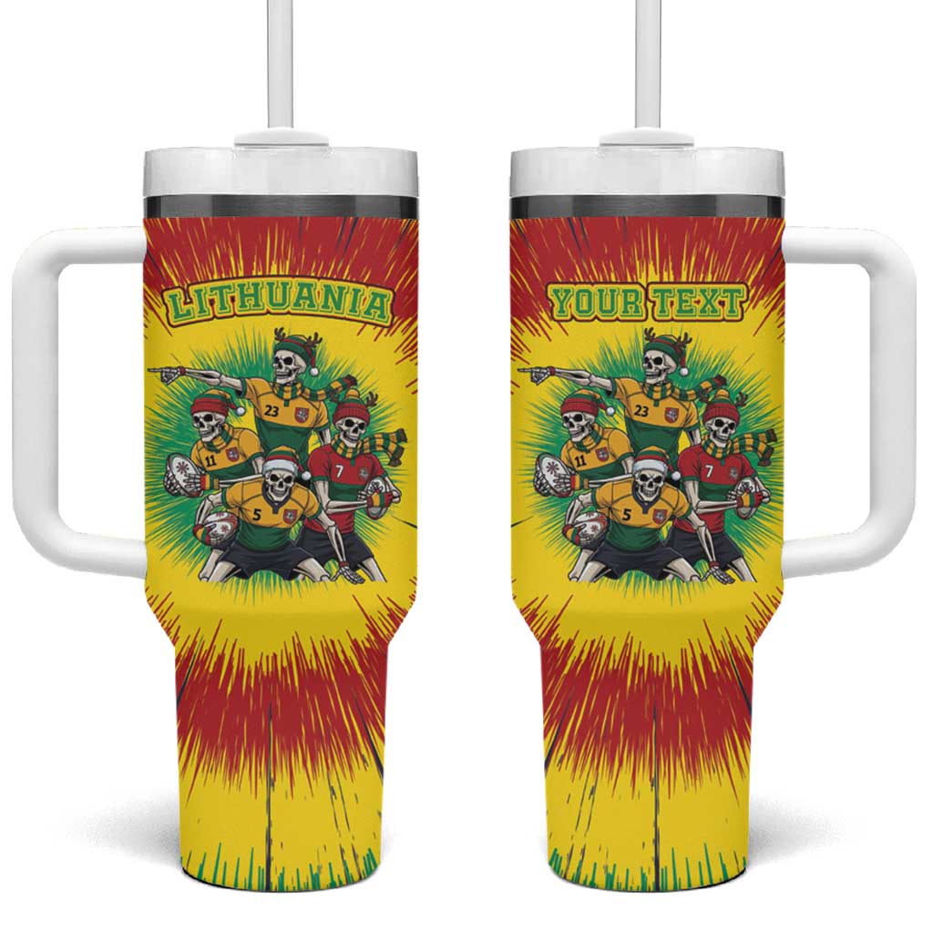 Personalized Lithuania Christmas Tumbler With Handle Skeleton Rugby Tie Dye Vintage - Wonder Print Shop