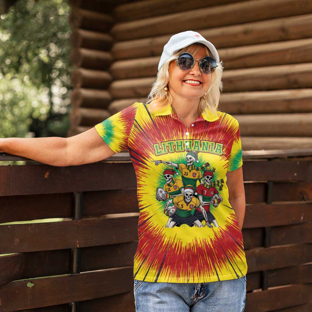 Personalized Lithuania Christmas Women Polo Shirt Skeleton Rugby Tie Dye Vintage - Wonder Print Shop