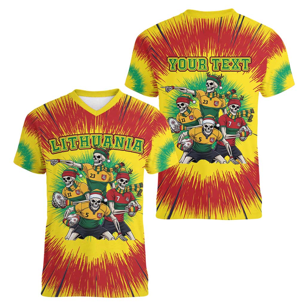 Personalized Lithuania Christmas Women V-Neck T-Shirt Skeleton Rugby Tie Dye Vintage - Wonder Print Shop