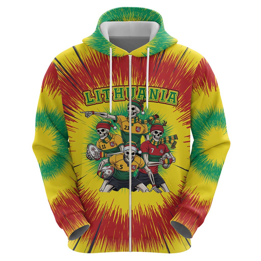 Personalized Lithuania Christmas Zip Hoodie Skeleton Rugby Tie Dye Vintage - Wonder Print Shop