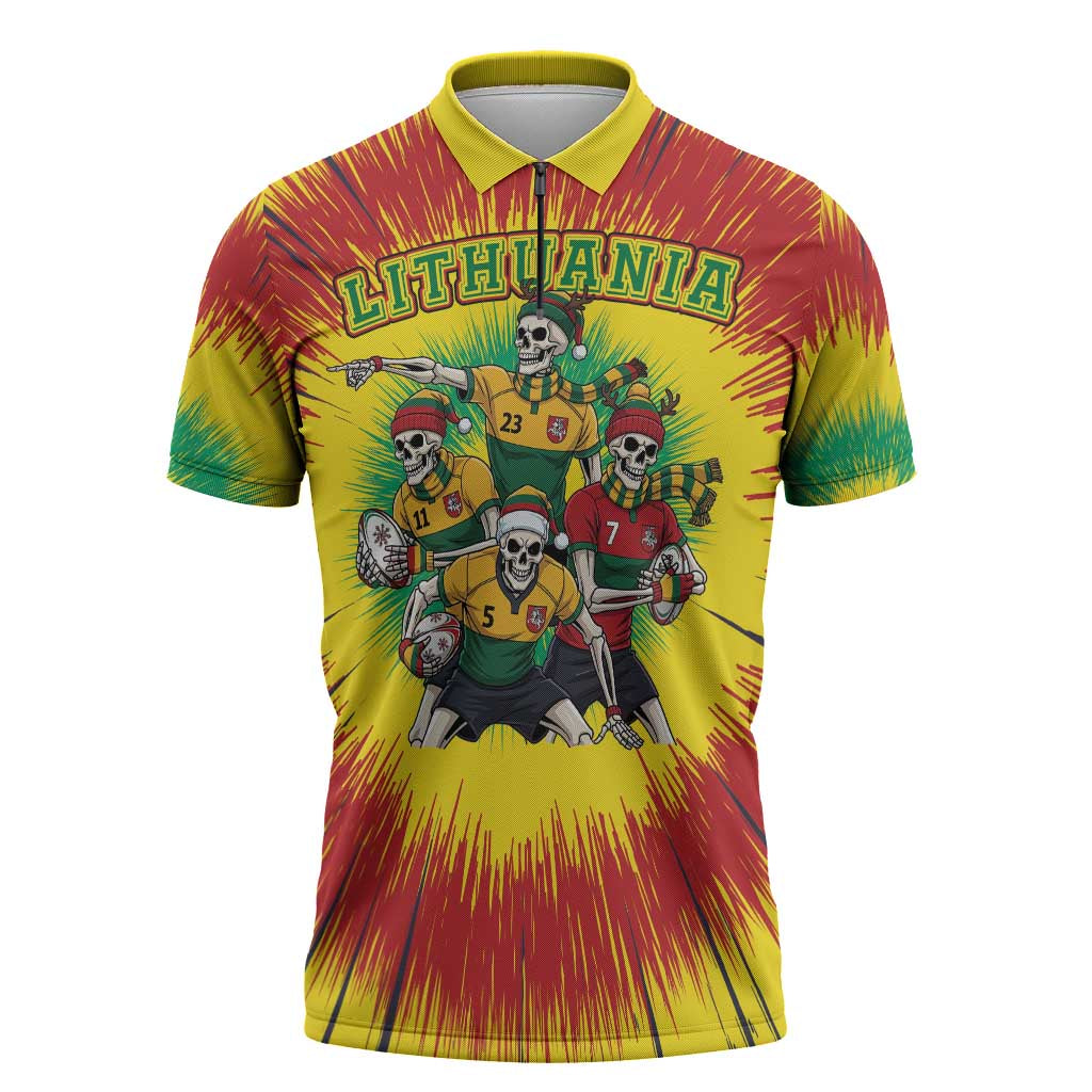 Personalized Lithuania Christmas Zipper Polo Shirt Skeleton Rugby Tie Dye Vintage - Wonder Print Shop