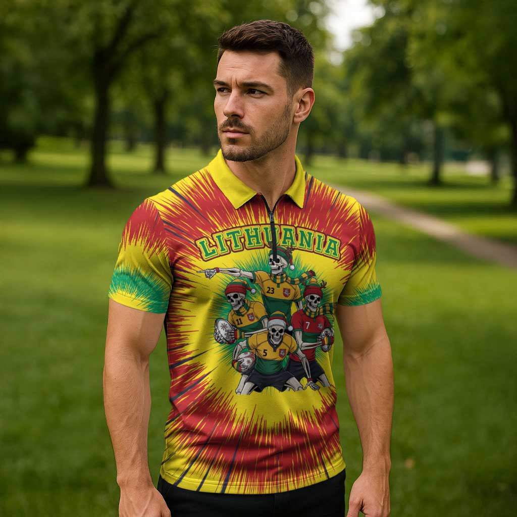 Personalized Lithuania Christmas Zipper Polo Shirt Skeleton Rugby Tie Dye Vintage - Wonder Print Shop