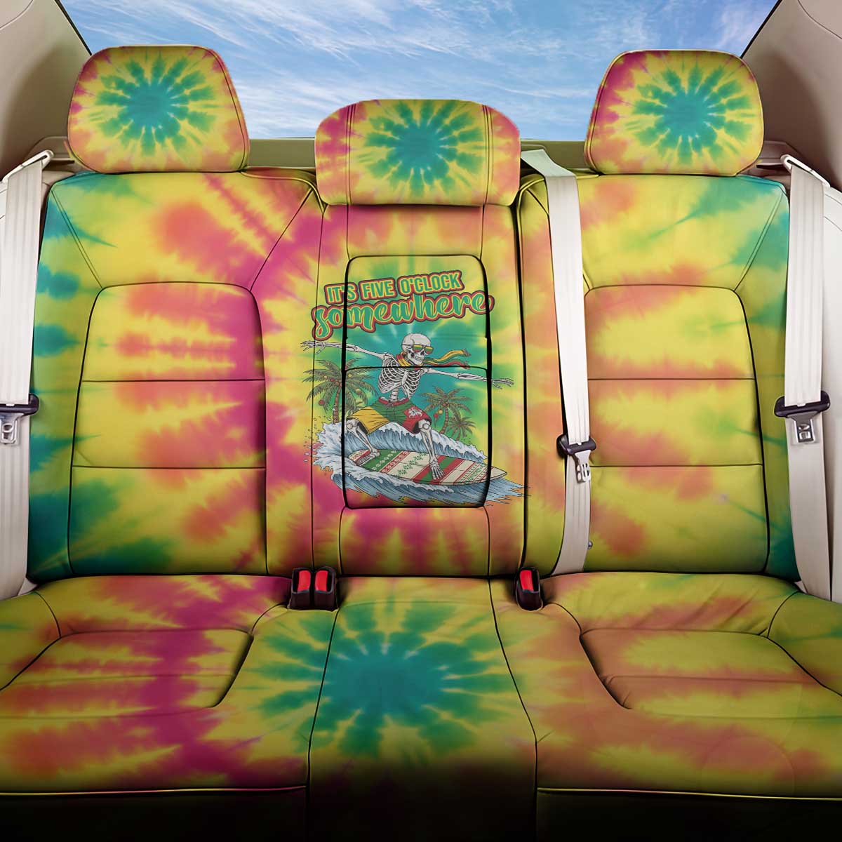 Tie-Dye Skeleton Surfing Lithuania Back Car Seat Cover It’s 5 O’Clock Somewhere - Wonder Print Shop