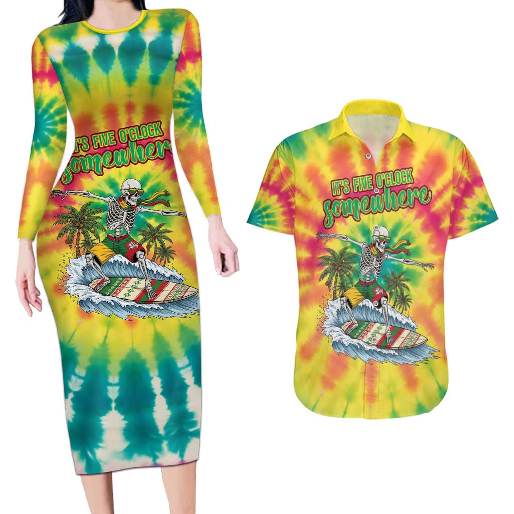 Tie-Dye Skeleton Surfing Lithuania Couples Matching Long Sleeve Bodycon Dress and Hawaiian Shirt It’s 5 O’Clock Somewhere - Wonder Print Shop