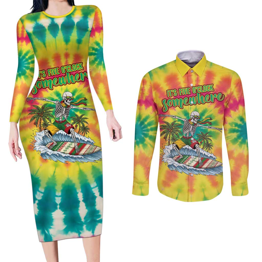 Tie-Dye Skeleton Surfing Lithuania Couples Matching Long Sleeve Bodycon Dress and Long Sleeve Button Shirt It’s 5 O’Clock Somewhere - Wonder Print Shop