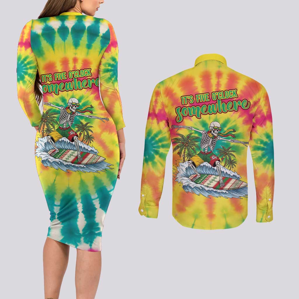 Tie-Dye Skeleton Surfing Lithuania Couples Matching Long Sleeve Bodycon Dress and Long Sleeve Button Shirt It’s 5 O’Clock Somewhere - Wonder Print Shop