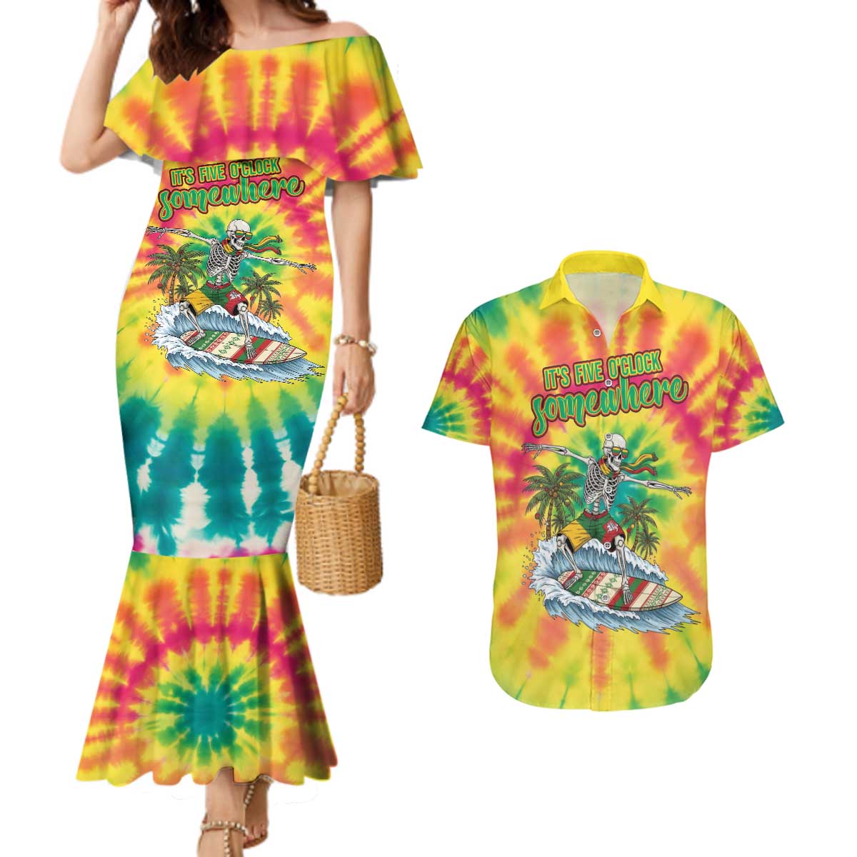 Tie-Dye Skeleton Surfing Lithuania Couples Matching Mermaid Dress and Hawaiian Shirt It’s 5 O’Clock Somewhere - Wonder Print Shop