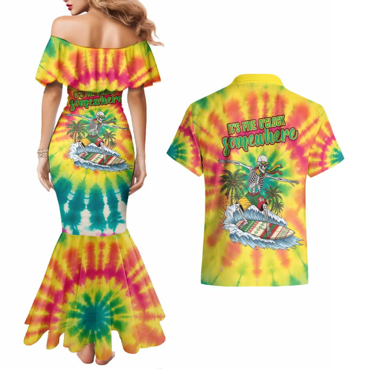 Tie-Dye Skeleton Surfing Lithuania Couples Matching Mermaid Dress and Hawaiian Shirt It’s 5 O’Clock Somewhere - Wonder Print Shop