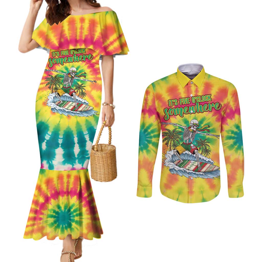 Tie-Dye Skeleton Surfing Lithuania Couples Matching Mermaid Dress and Long Sleeve Button Shirt It’s 5 O’Clock Somewhere - Wonder Print Shop