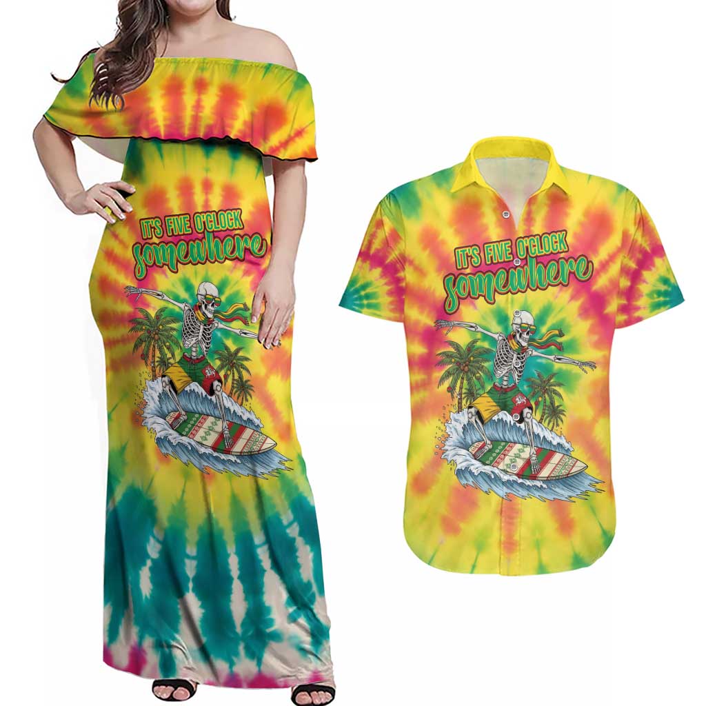 Tie-Dye Skeleton Surfing Lithuania Couples Matching Off Shoulder Maxi Dress and Hawaiian Shirt It’s 5 O’Clock Somewhere - Wonder Print Shop