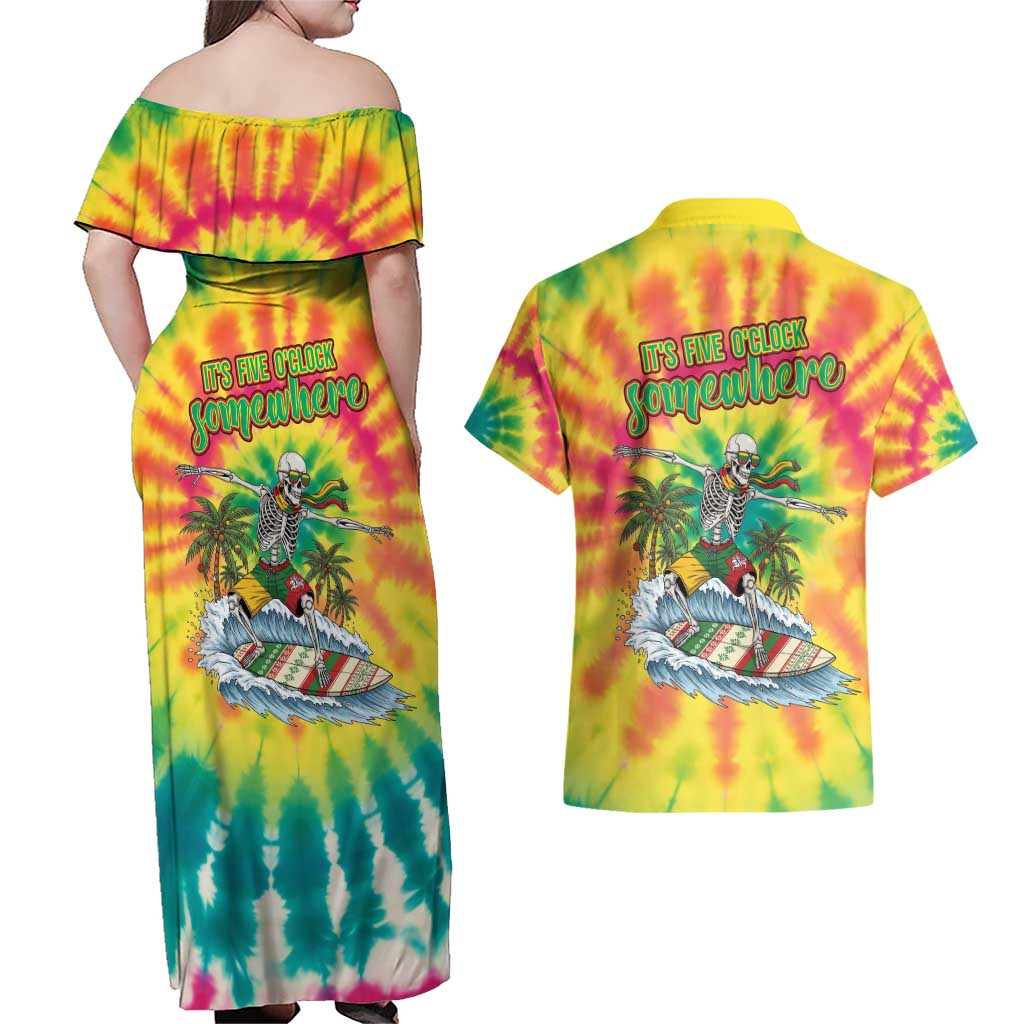 Tie-Dye Skeleton Surfing Lithuania Couples Matching Off Shoulder Maxi Dress and Hawaiian Shirt It’s 5 O’Clock Somewhere - Wonder Print Shop