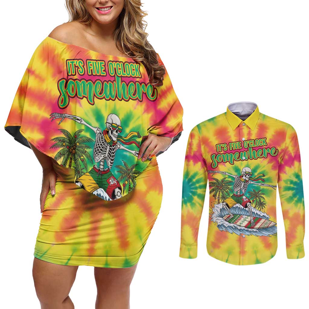 Tie-Dye Skeleton Surfing Lithuania Couples Matching Off Shoulder Short Dress and Long Sleeve Button Shirt It’s 5 O’Clock Somewhere - Wonder Print Shop