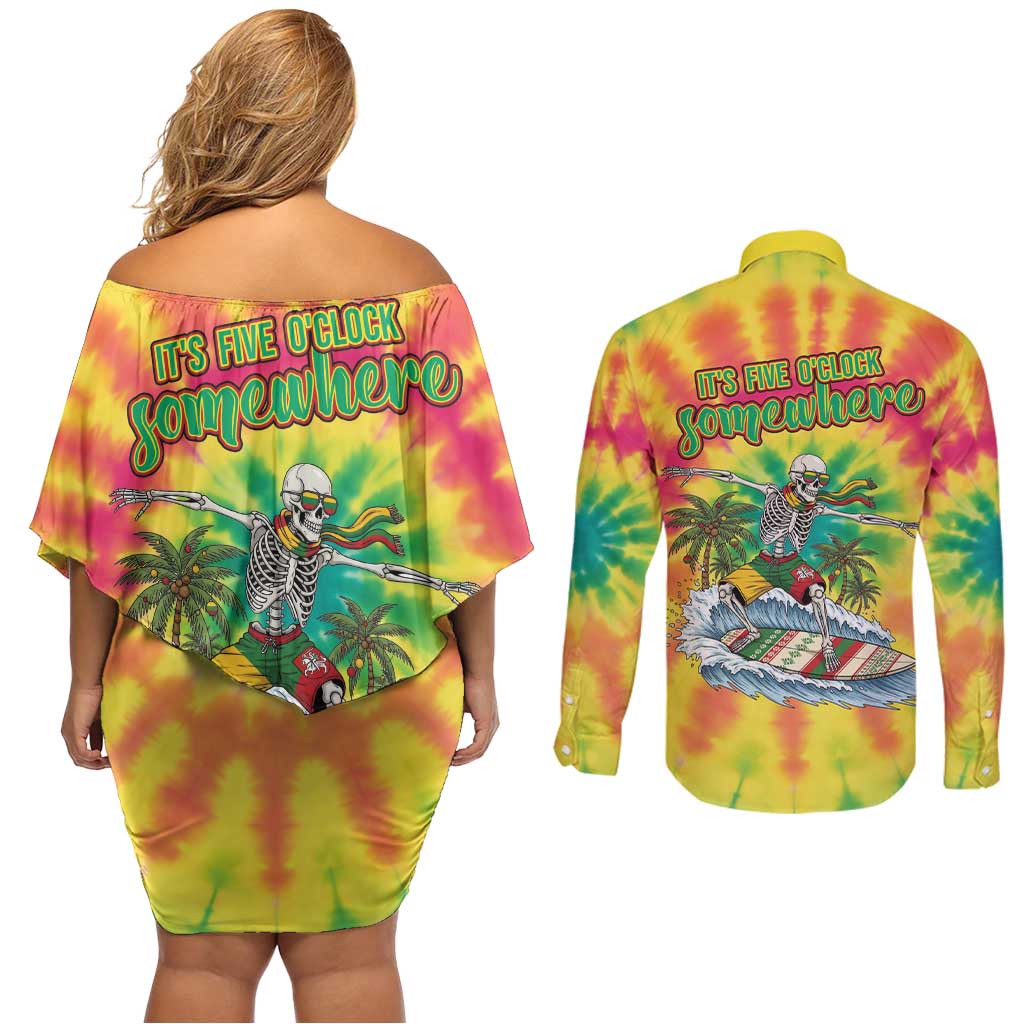 Tie-Dye Skeleton Surfing Lithuania Couples Matching Off Shoulder Short Dress and Long Sleeve Button Shirt It’s 5 O’Clock Somewhere - Wonder Print Shop