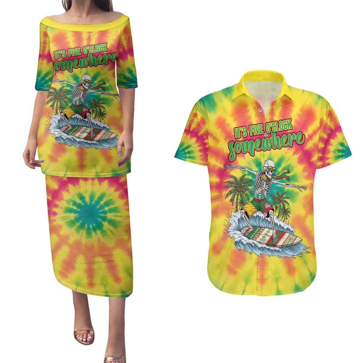 Tie-Dye Skeleton Surfing Lithuania Couples Matching Puletasi and Hawaiian Shirt It’s 5 O’Clock Somewhere - Wonder Print Shop