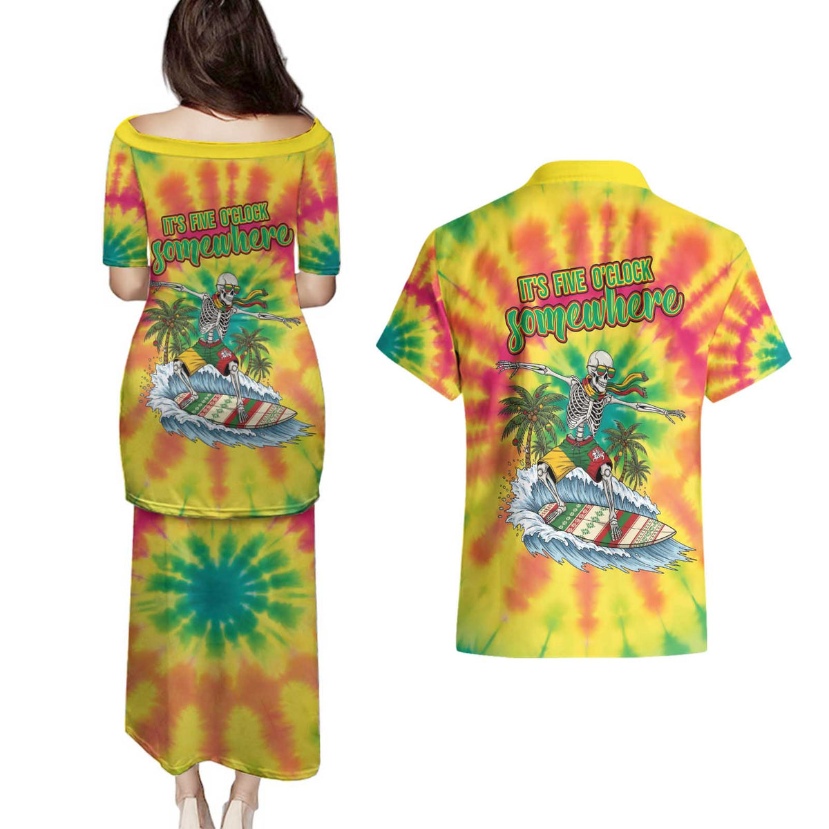 Tie-Dye Skeleton Surfing Lithuania Couples Matching Puletasi and Hawaiian Shirt It’s 5 O’Clock Somewhere - Wonder Print Shop