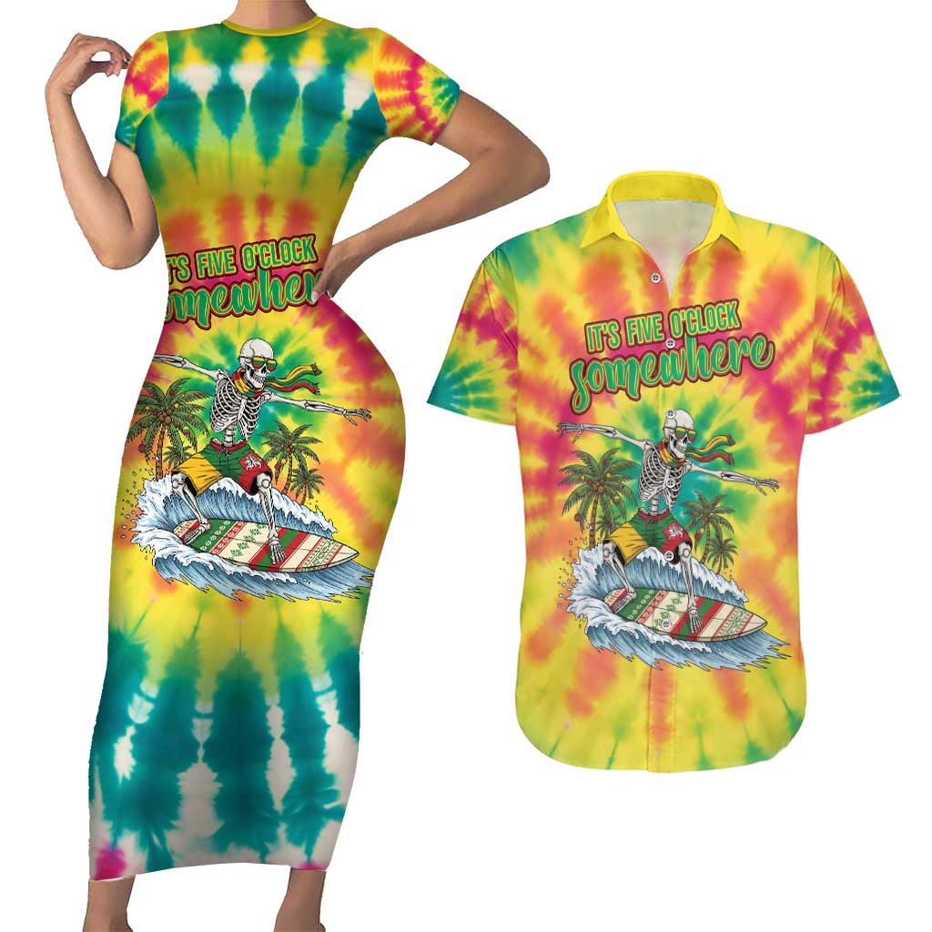Tie-Dye Skeleton Surfing Lithuania Couples Matching Short Sleeve Bodycon Dress and Hawaiian Shirt It’s 5 O’Clock Somewhere - Wonder Print Shop