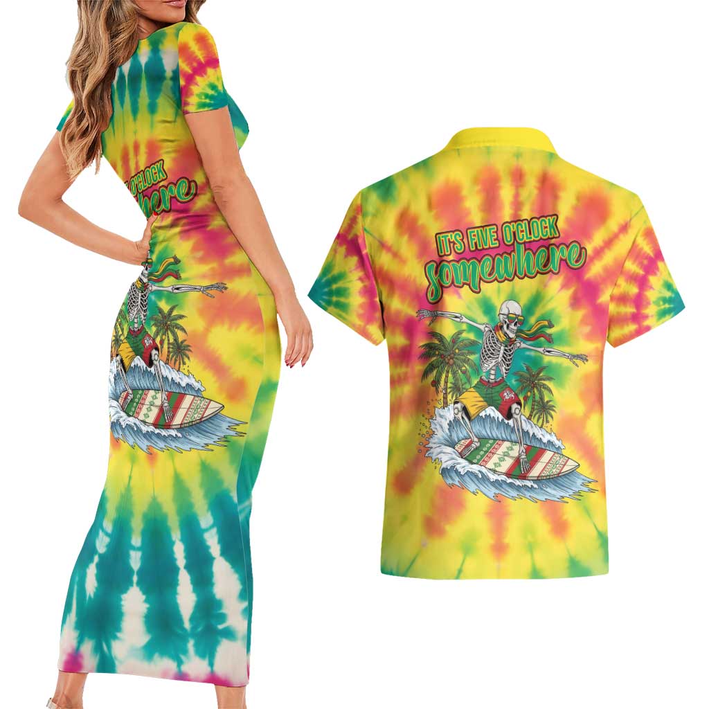 Tie-Dye Skeleton Surfing Lithuania Couples Matching Short Sleeve Bodycon Dress and Hawaiian Shirt It’s 5 O’Clock Somewhere - Wonder Print Shop