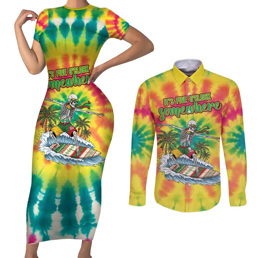 Tie-Dye Skeleton Surfing Lithuania Couples Matching Short Sleeve Bodycon Dress and Long Sleeve Button Shirt It’s 5 O’Clock Somewhere - Wonder Print Shop