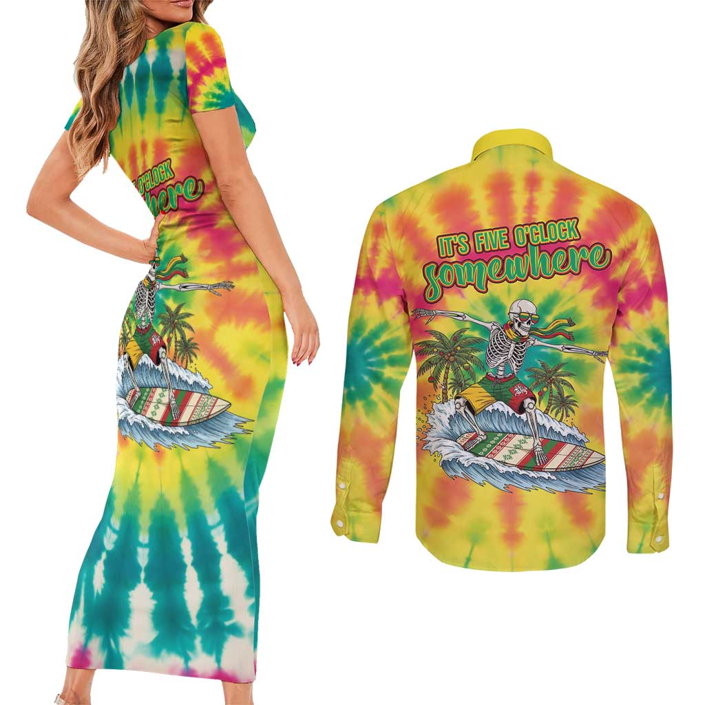 Tie-Dye Skeleton Surfing Lithuania Couples Matching Short Sleeve Bodycon Dress and Long Sleeve Button Shirt It’s 5 O’Clock Somewhere - Wonder Print Shop