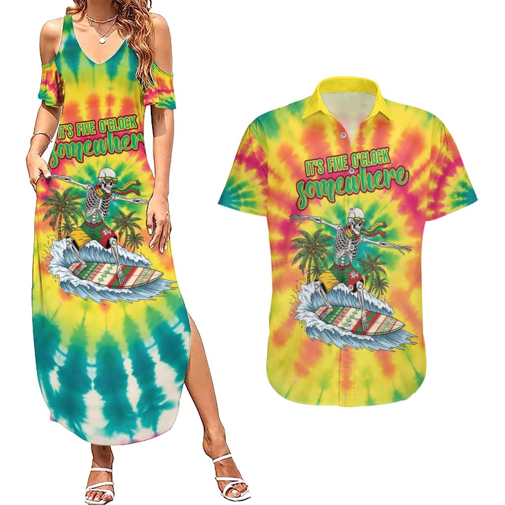 Tie-Dye Skeleton Surfing Lithuania Couples Matching Summer Maxi Dress and Hawaiian Shirt It’s 5 O’Clock Somewhere - Wonder Print Shop