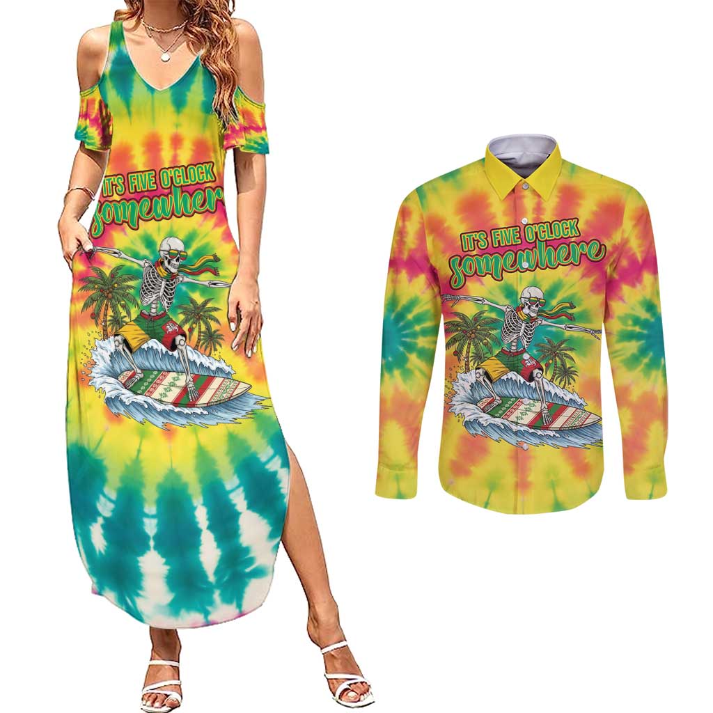 Tie-Dye Skeleton Surfing Lithuania Couples Matching Summer Maxi Dress and Long Sleeve Button Shirt It’s 5 O’Clock Somewhere - Wonder Print Shop