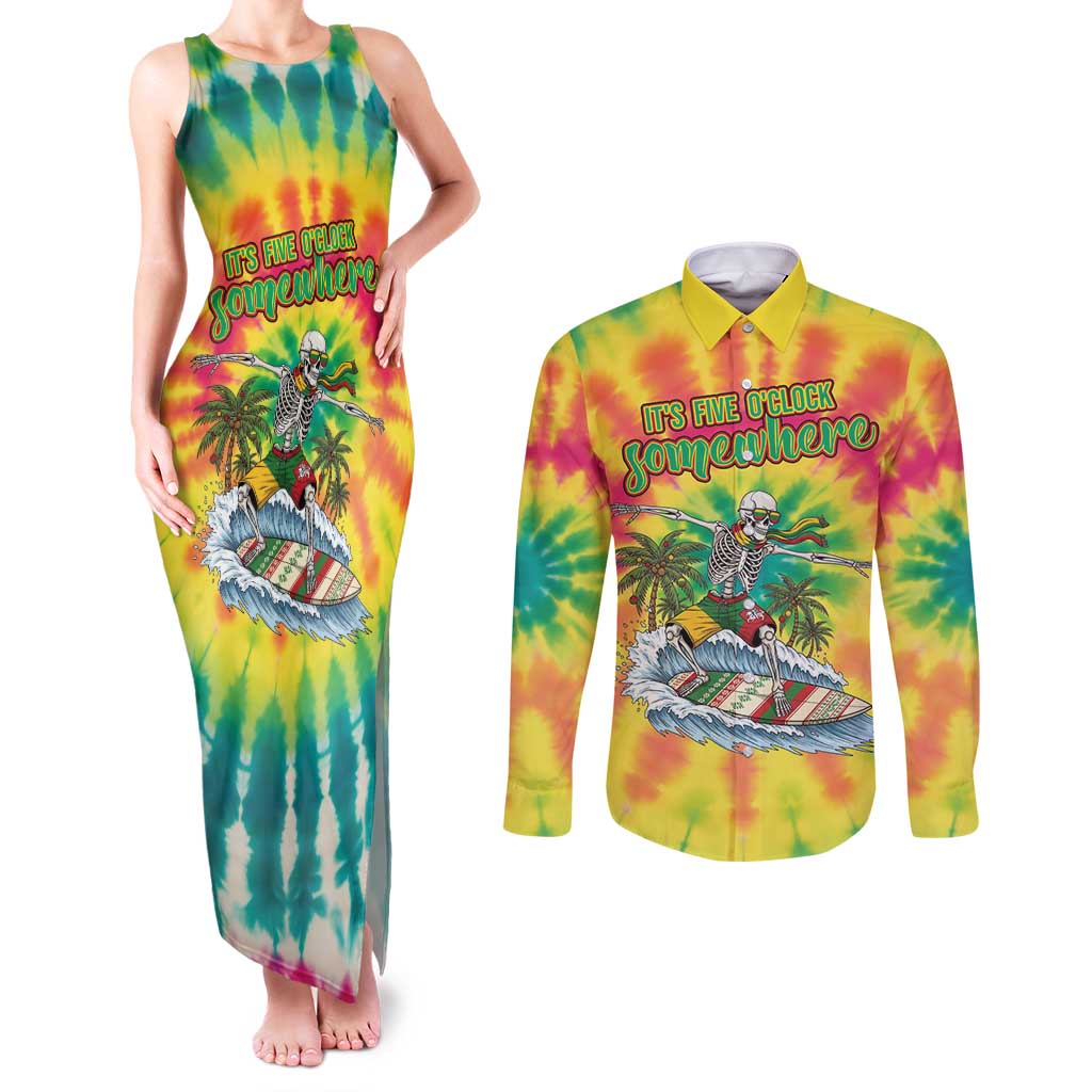 Tie-Dye Skeleton Surfing Lithuania Couples Matching Tank Maxi Dress and Long Sleeve Button Shirt It’s 5 O’Clock Somewhere - Wonder Print Shop
