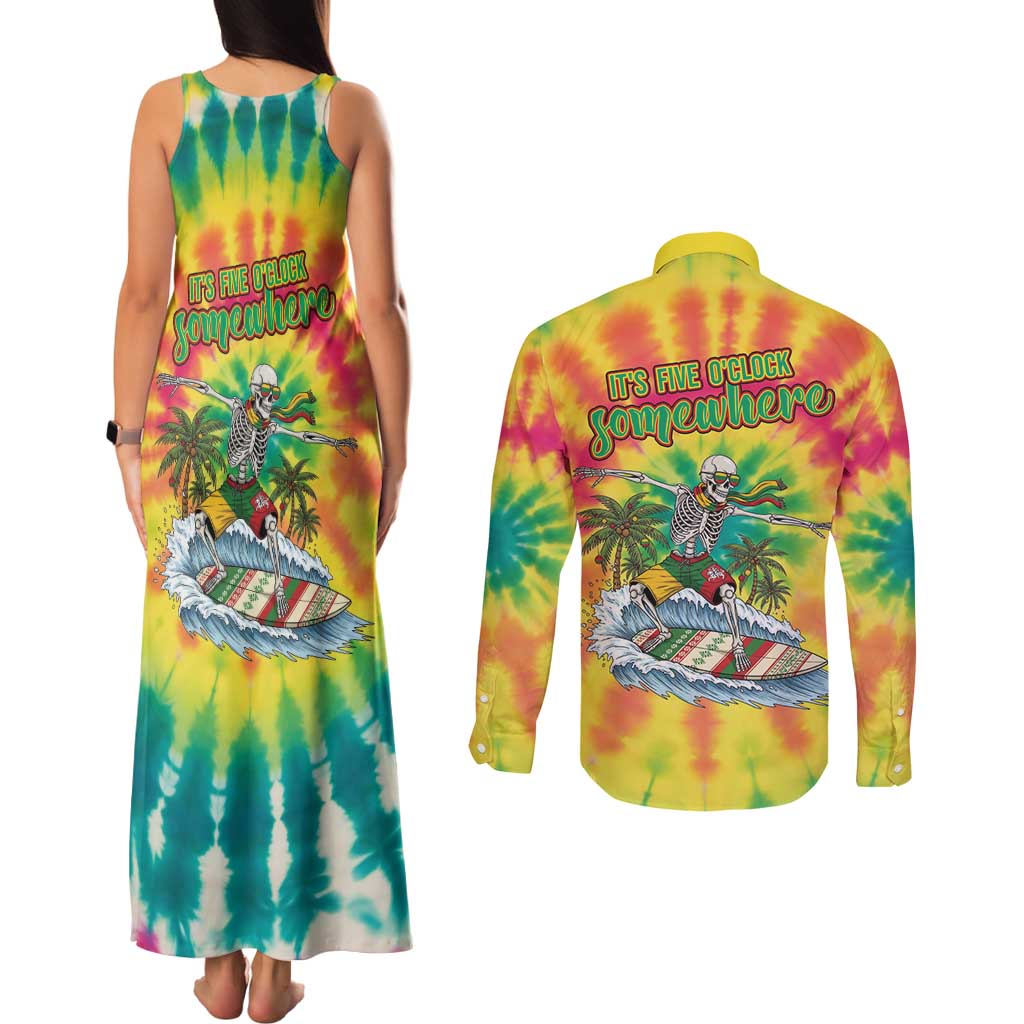 Tie-Dye Skeleton Surfing Lithuania Couples Matching Tank Maxi Dress and Long Sleeve Button Shirt It’s 5 O’Clock Somewhere - Wonder Print Shop