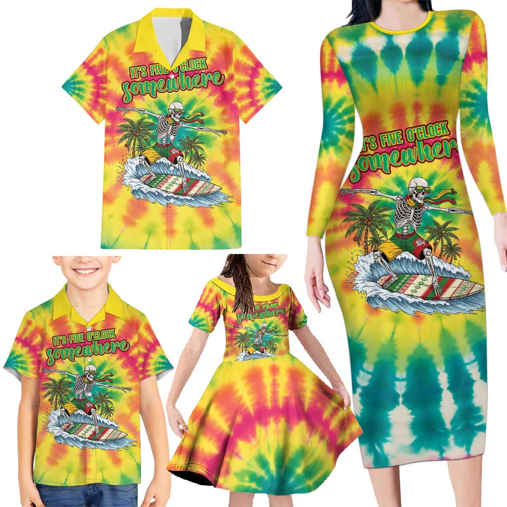 Tie-Dye Skeleton Surfing Lithuania Family Matching Long Sleeve Bodycon Dress and Hawaiian Shirt It’s 5 O’Clock Somewhere - Wonder Print Shop