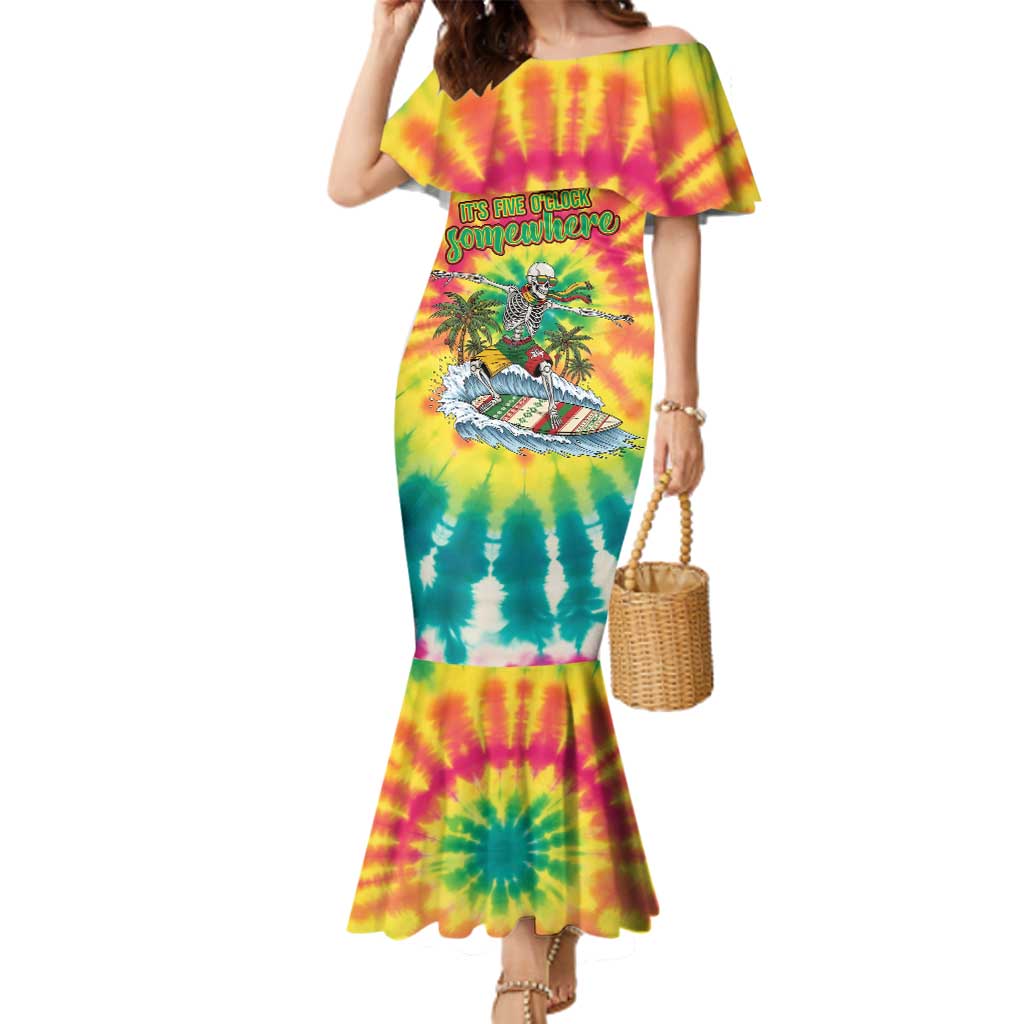 Tie-Dye Skeleton Surfing Lithuania Family Matching Mermaid Dress and Hawaiian Shirt It’s 5 O’Clock Somewhere - Wonder Print Shop