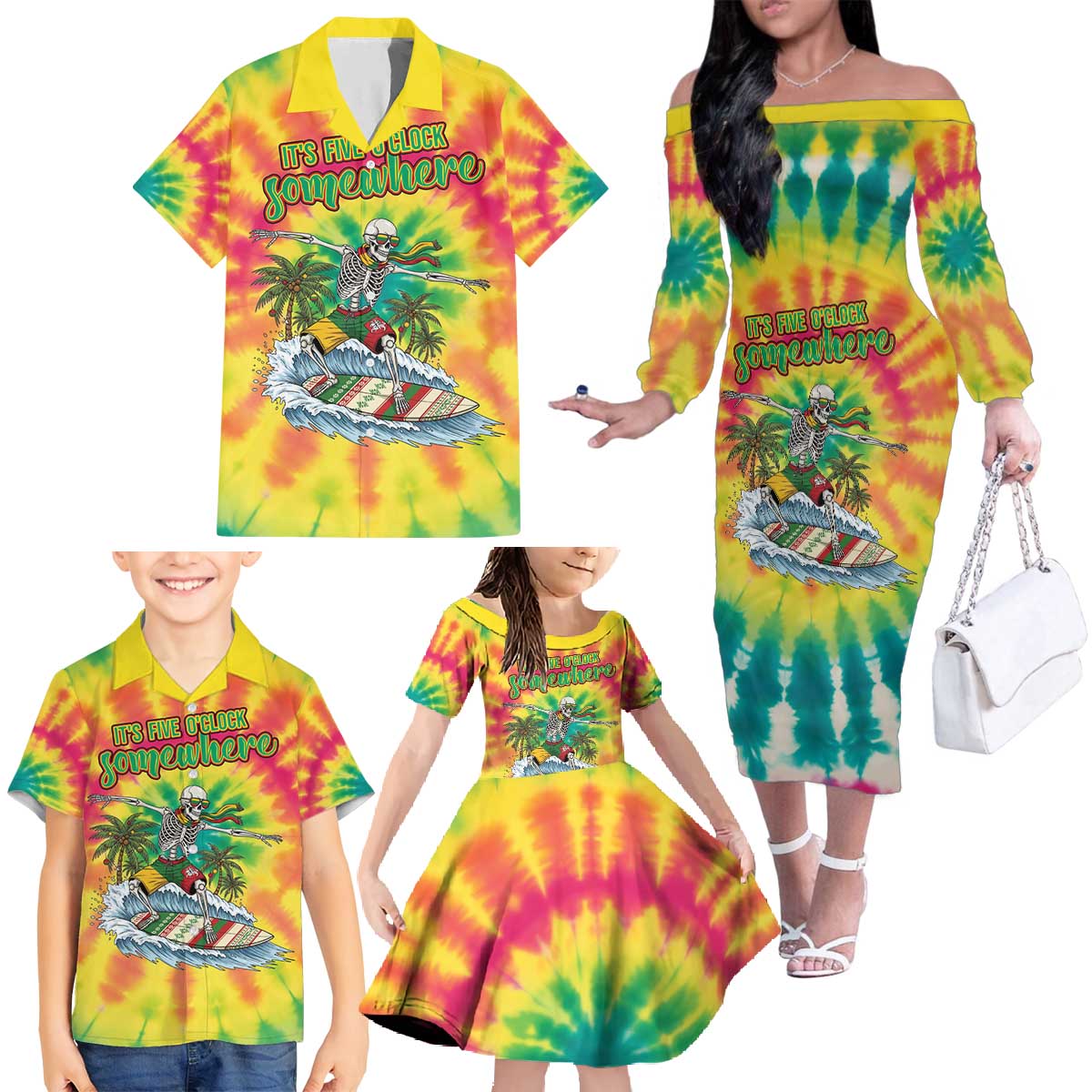 Tie-Dye Skeleton Surfing Lithuania Family Matching Off The Shoulder Long Sleeve Dress and Hawaiian Shirt It’s 5 O’Clock Somewhere - Wonder Print Shop