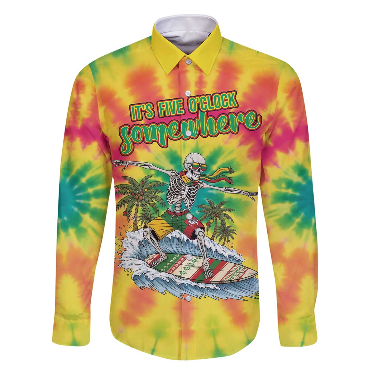 Tie-Dye Skeleton Surfing Lithuania Family Matching Off The Shoulder Long Sleeve Dress and Hawaiian Shirt It’s 5 O’Clock Somewhere - Wonder Print Shop