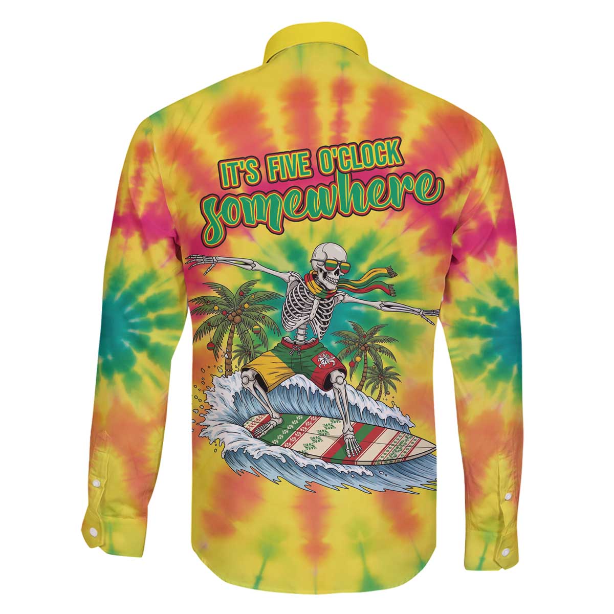Tie-Dye Skeleton Surfing Lithuania Family Matching Off The Shoulder Long Sleeve Dress and Hawaiian Shirt It’s 5 O’Clock Somewhere - Wonder Print Shop