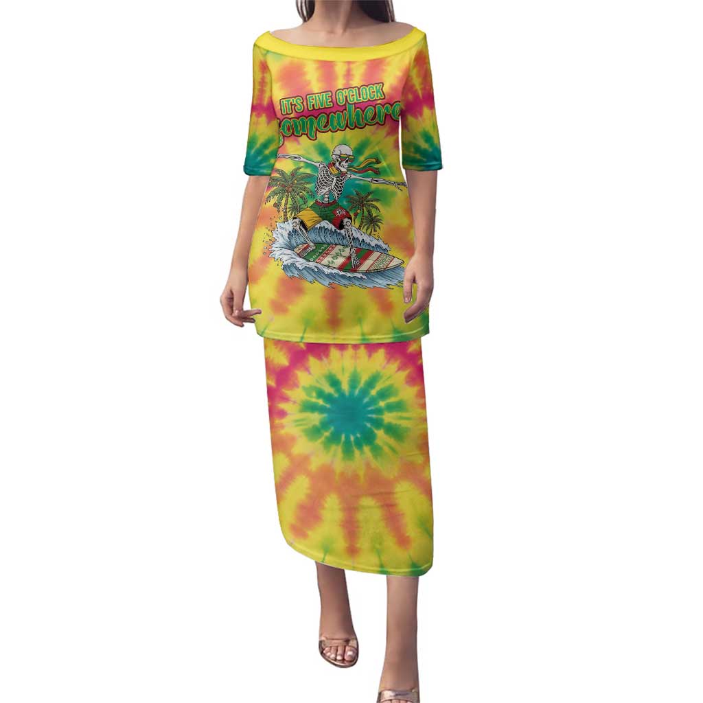 Tie-Dye Skeleton Surfing Lithuania Family Matching Puletasi and Hawaiian Shirt It’s 5 O’Clock Somewhere - Wonder Print Shop