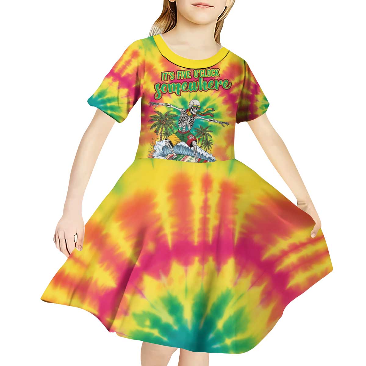 Tie-Dye Skeleton Surfing Lithuania Kid Short Sleeve Dress It’s 5 O’Clock Somewhere - Wonder Print Shop