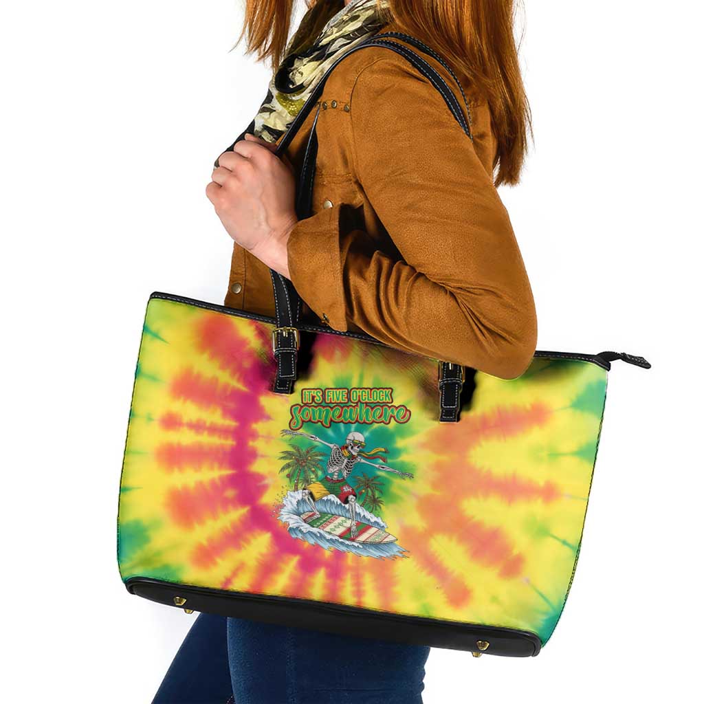 Tie-Dye Skeleton Surfing Lithuania Leather Tote Bag It’s 5 O’Clock Somewhere - Wonder Print Shop