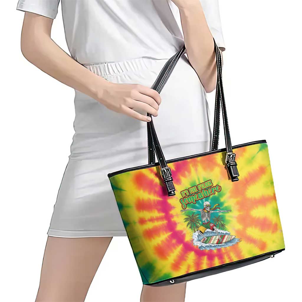 Tie-Dye Skeleton Surfing Lithuania Leather Tote Bag It’s 5 O’Clock Somewhere - Wonder Print Shop