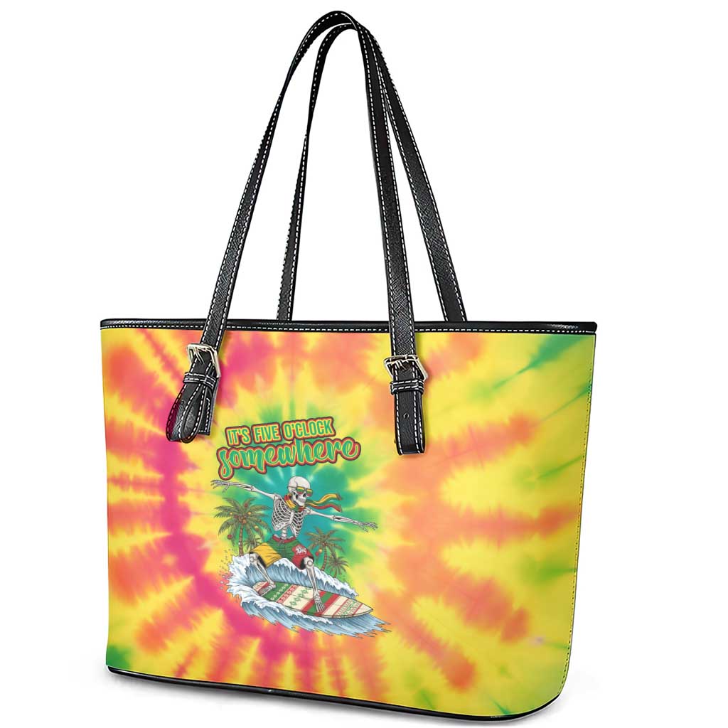 Tie-Dye Skeleton Surfing Lithuania Leather Tote Bag It’s 5 O’Clock Somewhere - Wonder Print Shop