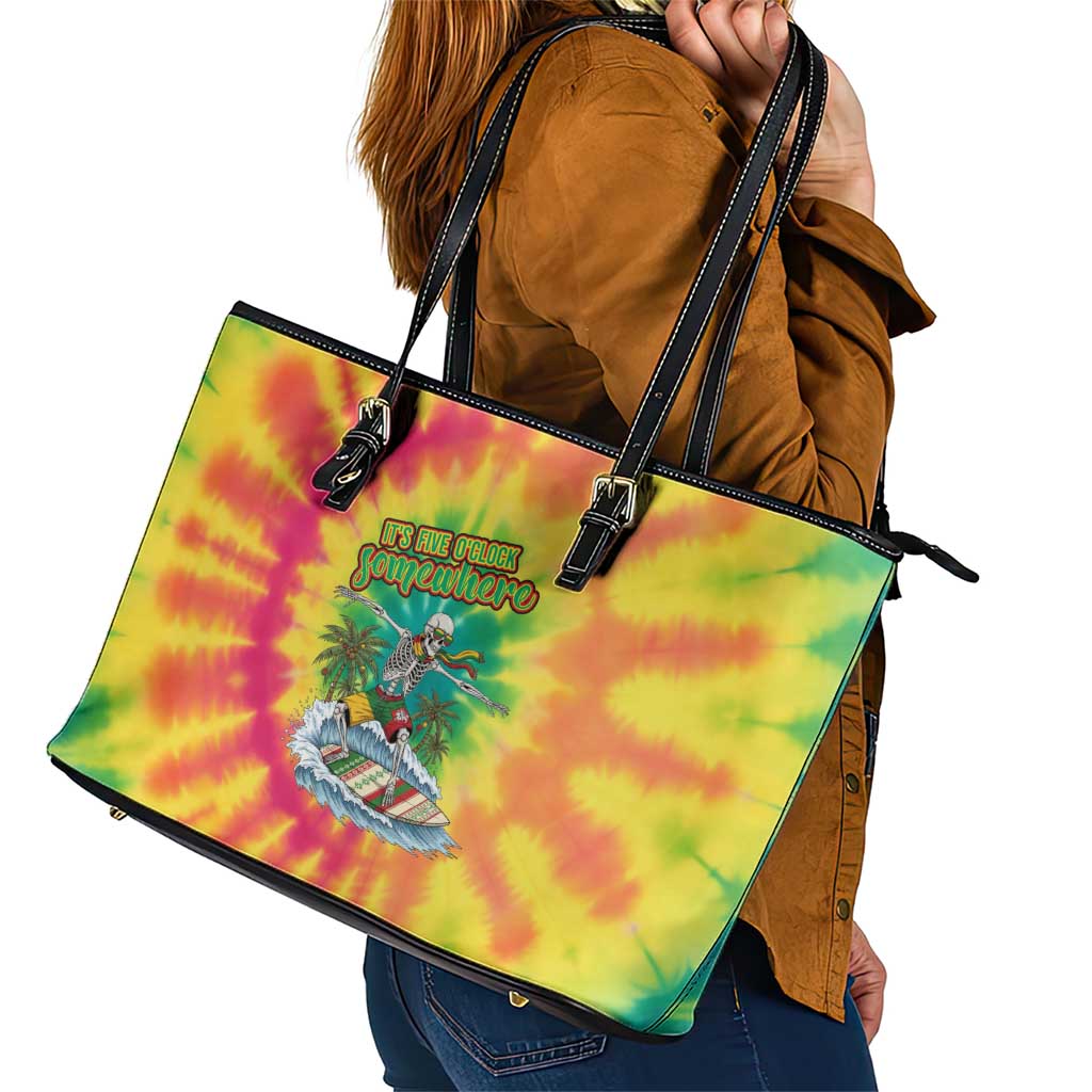 Tie-Dye Skeleton Surfing Lithuania Leather Tote Bag It’s 5 O’Clock Somewhere - Wonder Print Shop