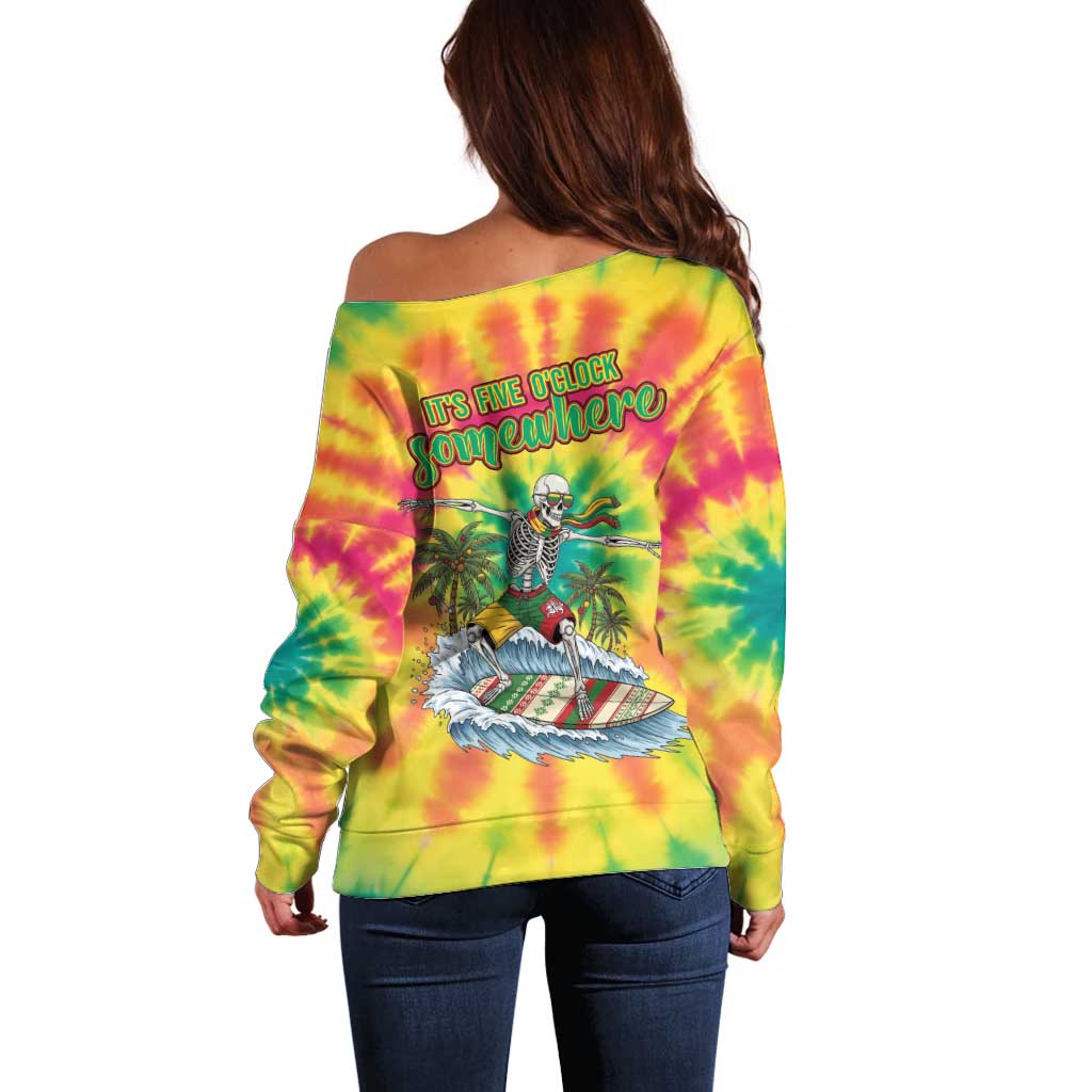 Tie-Dye Skeleton Surfing Lithuania Off Shoulder Sweater It’s 5 O’Clock Somewhere - Wonder Print Shop