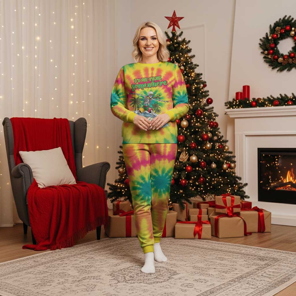 Tie-Dye Skeleton Surfing Lithuania Christmas Pajama Set It’s 5 O’Clock Somewhere - Wonder Print Shop
