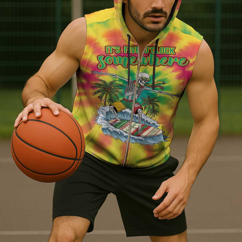 Tie-Dye Skeleton Surfing Lithuania Sleeveless Zip Hoodie It’s 5 O’Clock Somewhere - Wonder Print Shop