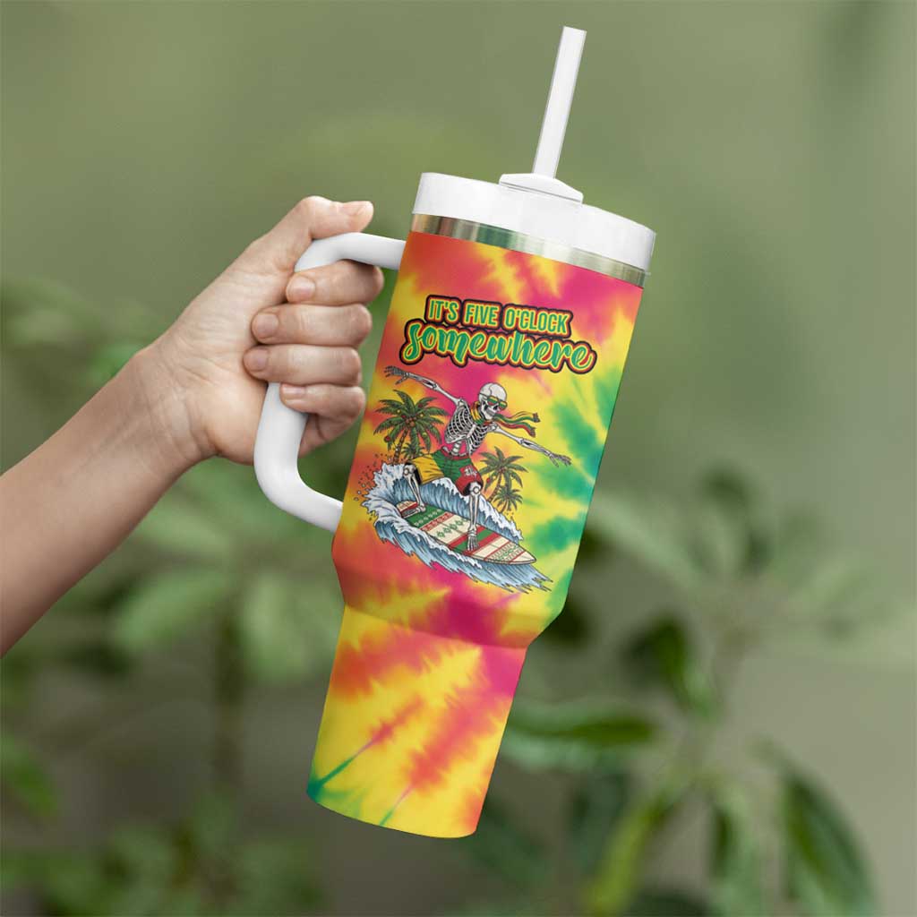 Tie-Dye Skeleton Surfing Lithuania Tumbler With Handle It’s 5 O’Clock Somewhere - Wonder Print Shop