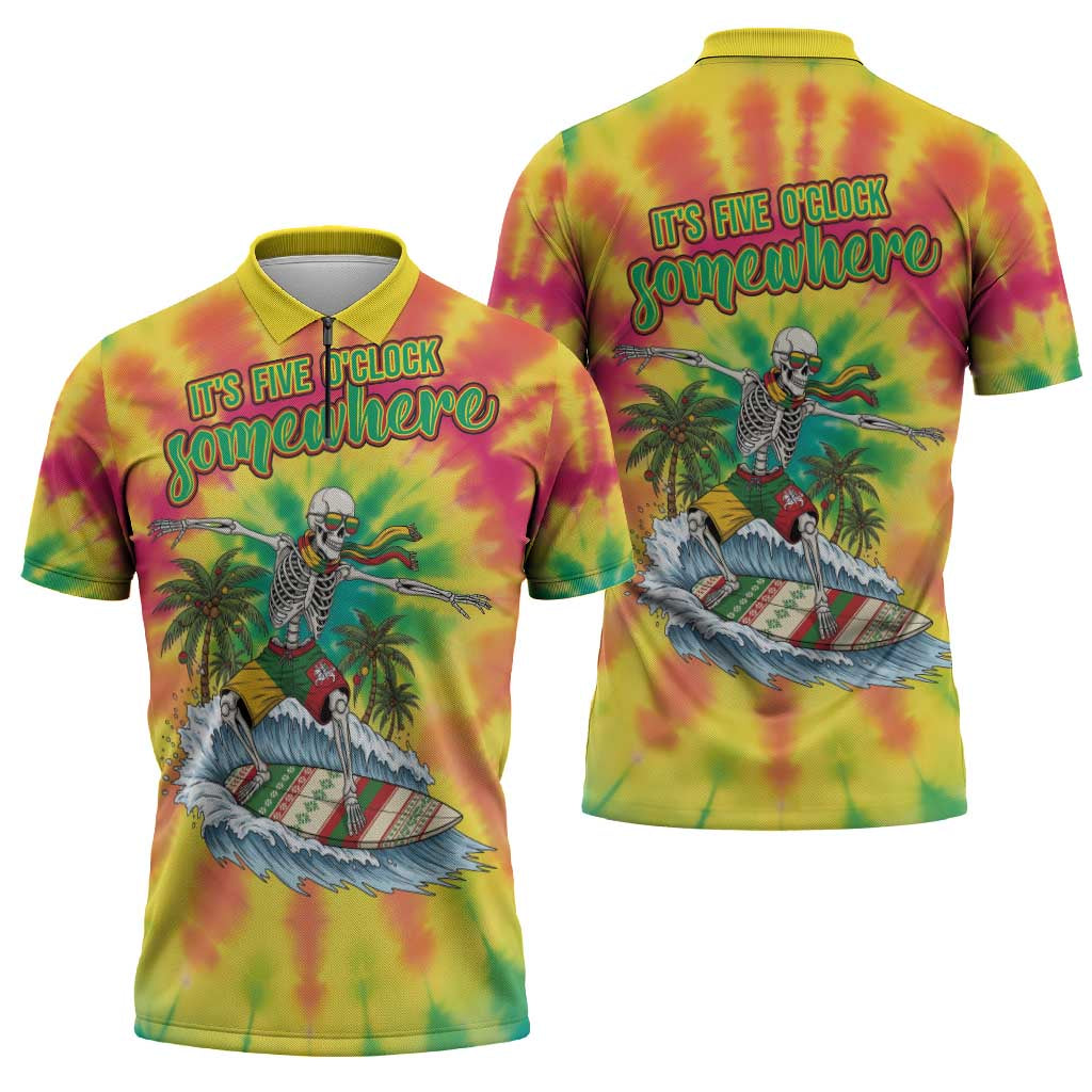 Tie-Dye Skeleton Surfing Lithuania Zipper Polo Shirt It’s 5 O’Clock Somewhere - Wonder Print Shop
