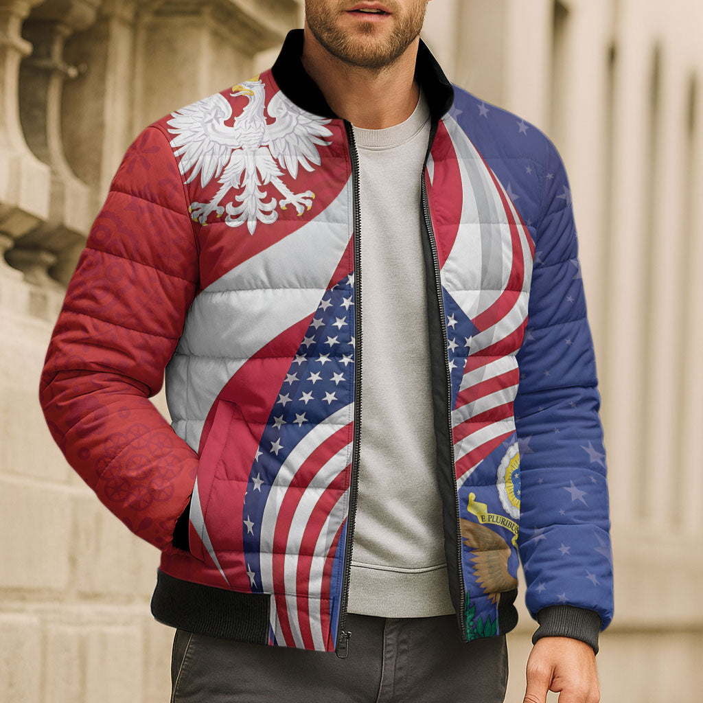 Poland American Heritage Month Bomber Puffer Jacket Polish and American National Symbols