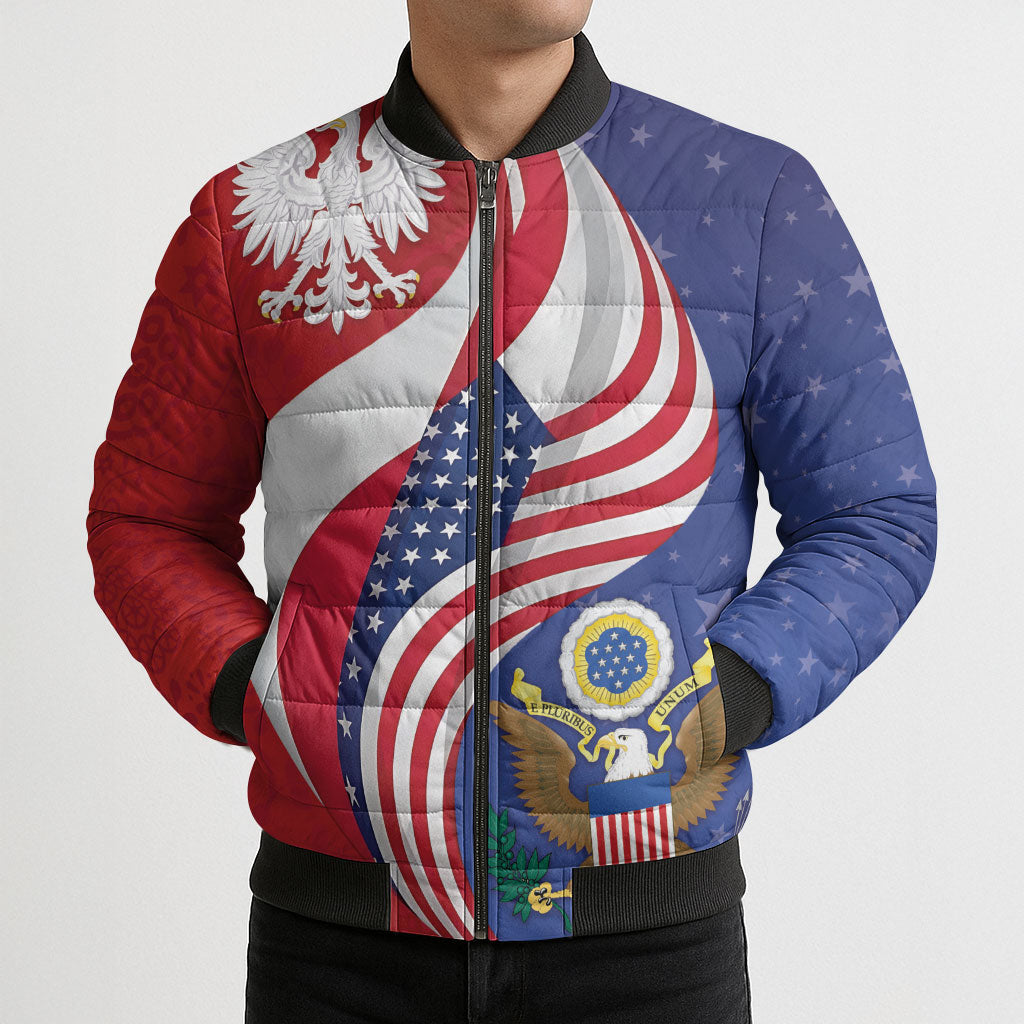Poland American Heritage Month Bomber Puffer Jacket Polish and American National Symbols