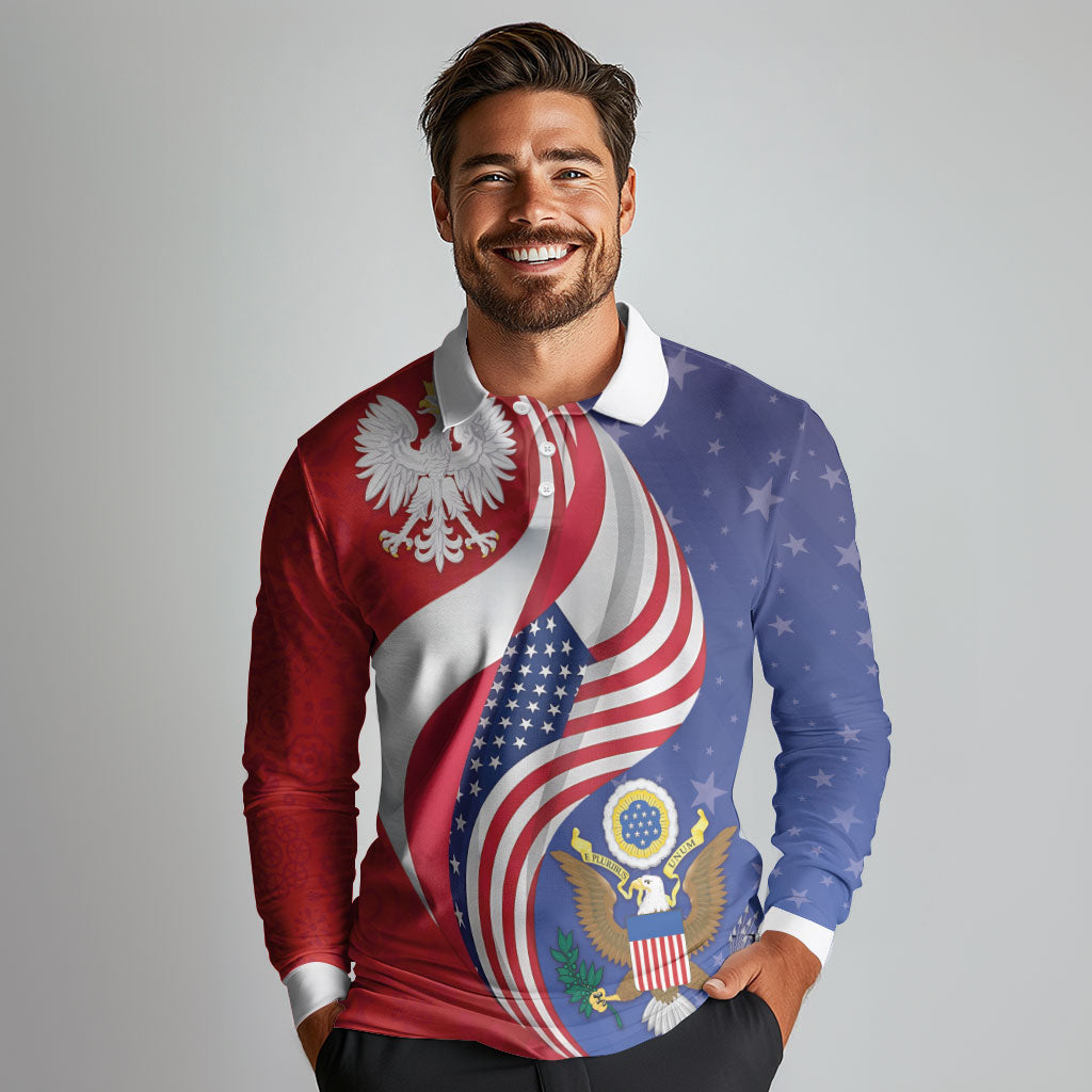 Poland American Heritage Month Long Sleeve Polo Shirt Polish and American National Symbols
