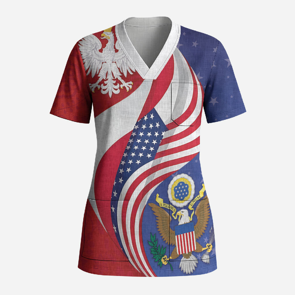 Poland American Heritage Month Scrub Top Polish and American National Symbols