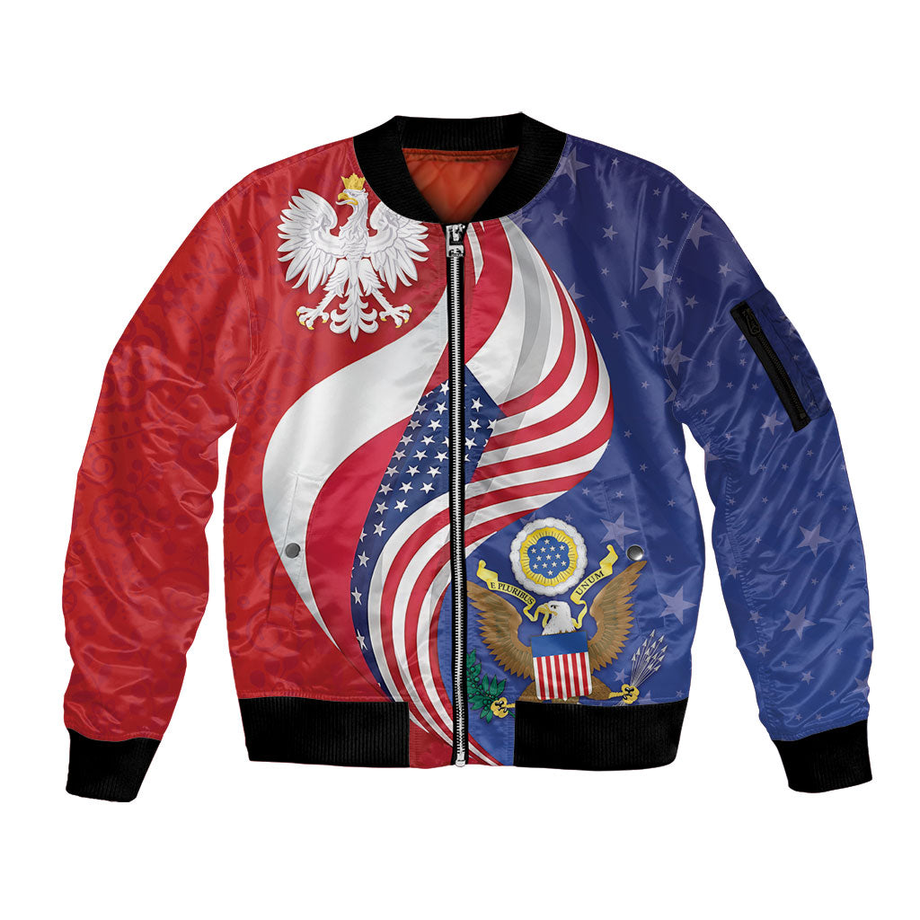 Poland American Heritage Month Sleeve Zip Bomber Jacket Polish and American National Symbols