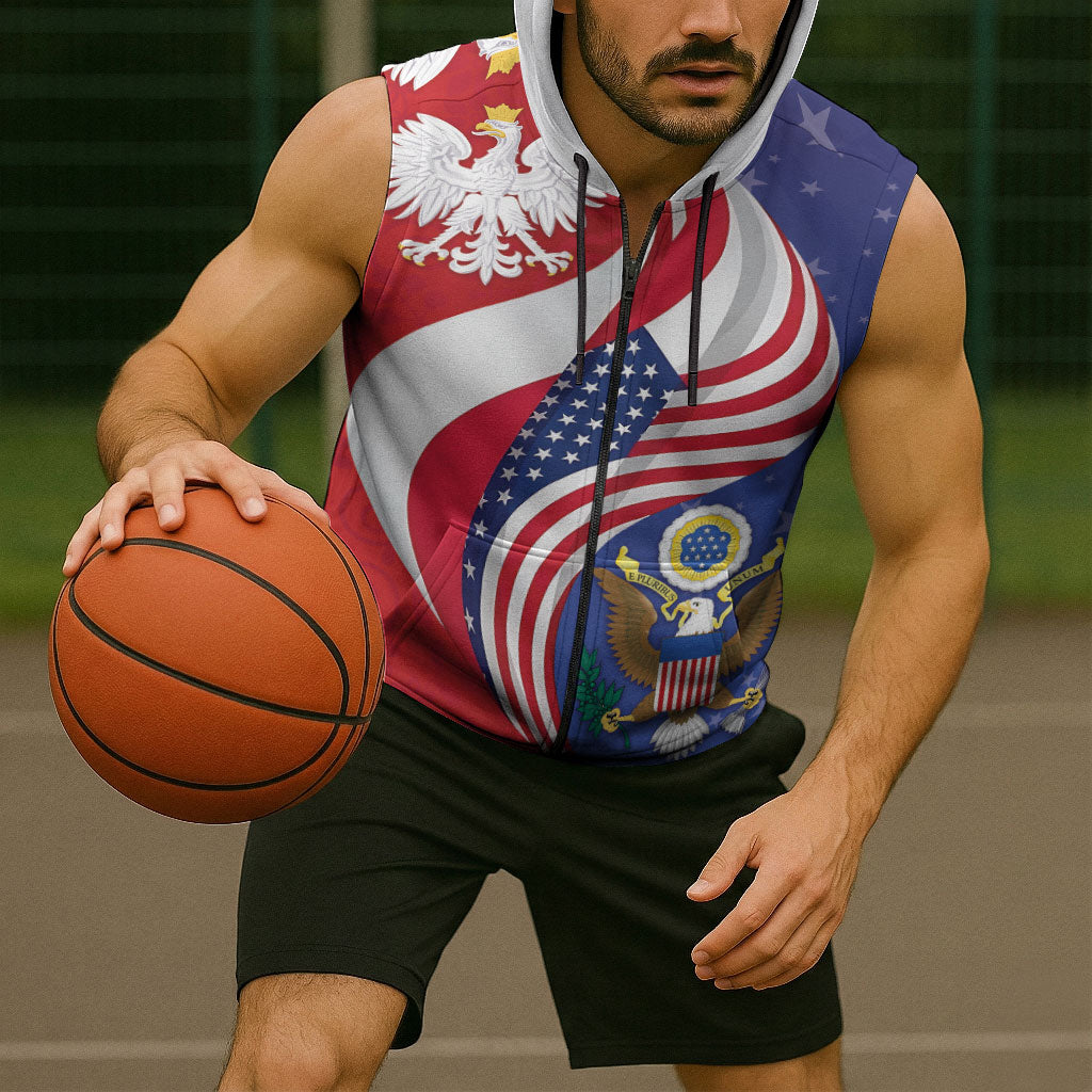Poland American Heritage Month Sleeveless Zip Hoodie Polish and American National Symbols